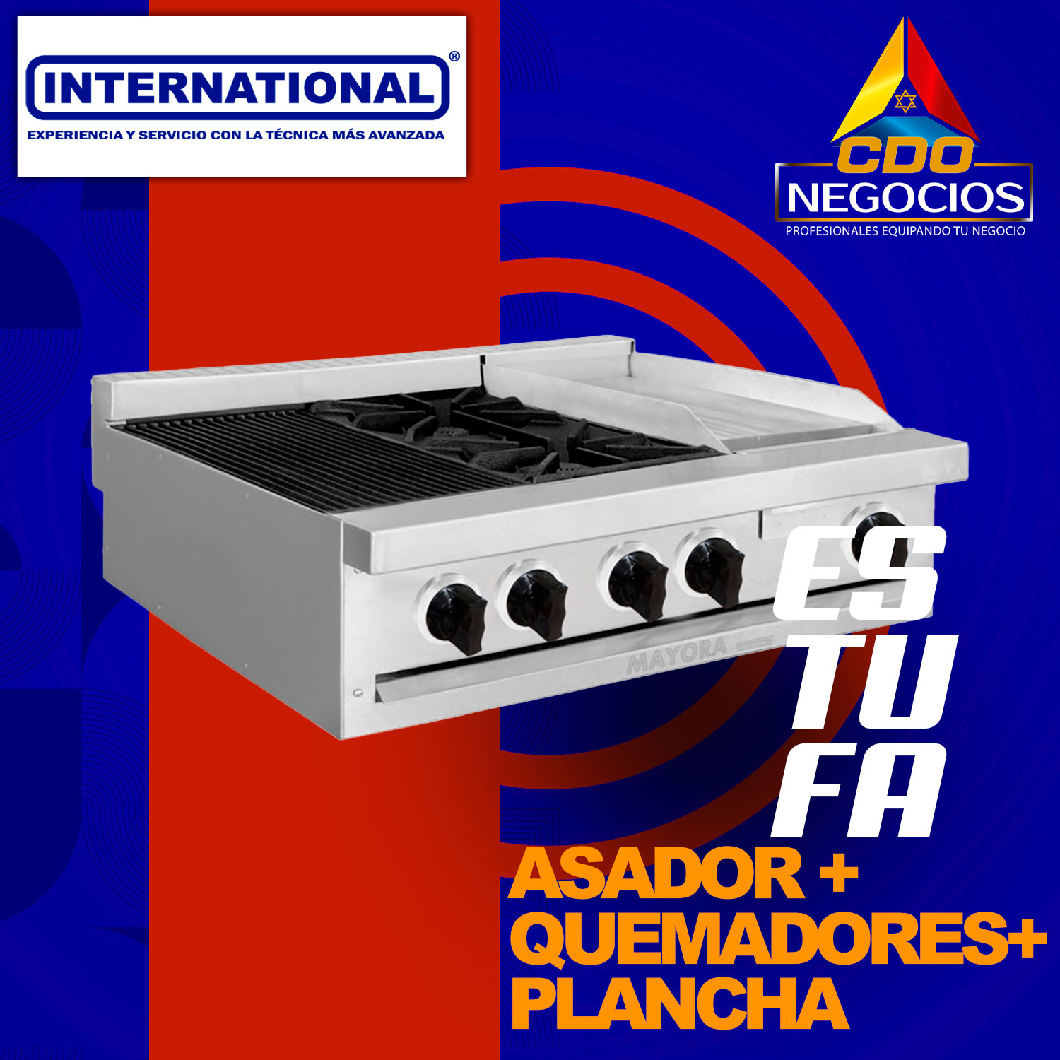 Estufa modular 1 seccion de asador + 1 seccion de quemadores + 1 seccion de plancha international - Mayora