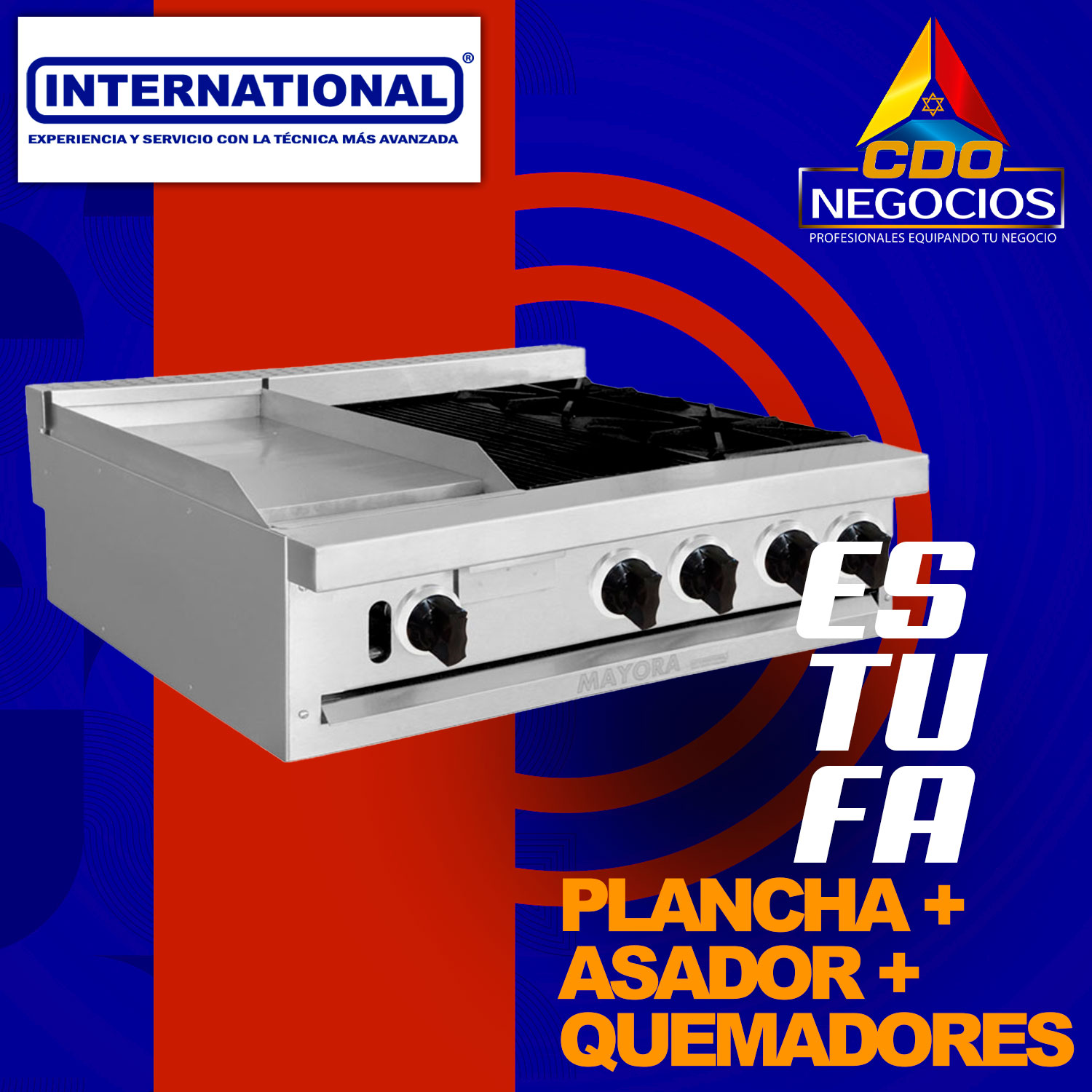 Estufa modular 1 seccion de plancha + 1 seccion de asador + 1 seccion de quemadores international - Mayora