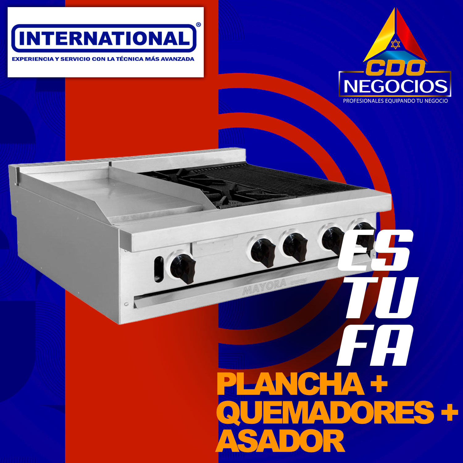 Estufa modular 1 seccion de plancha + 1 seccion de quemadores + 1 seccion de asador international - Mayora