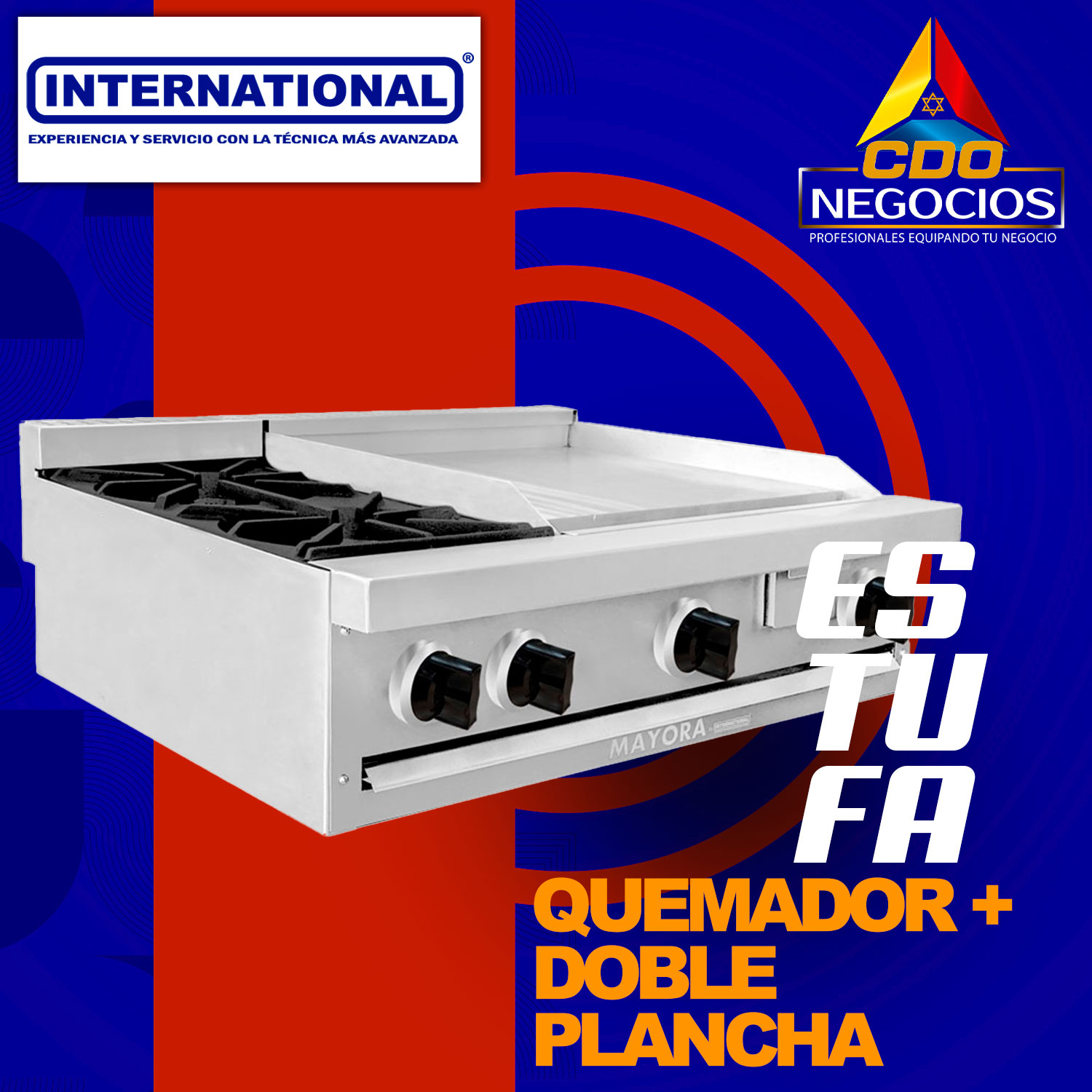 Estufa modular 1 seccion de quemadores + 2 secciones de plancha international - Mayora