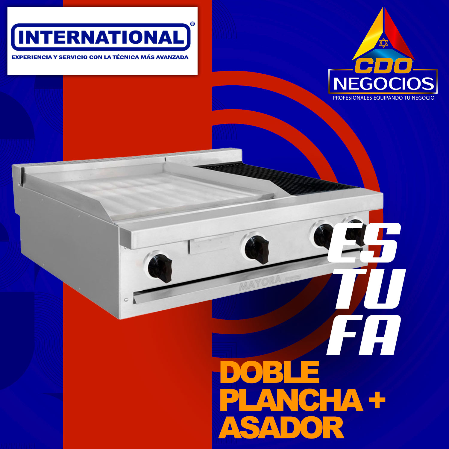 Estufa modular 2 secciones de plancha + 1 seccion de asador international - Mayora