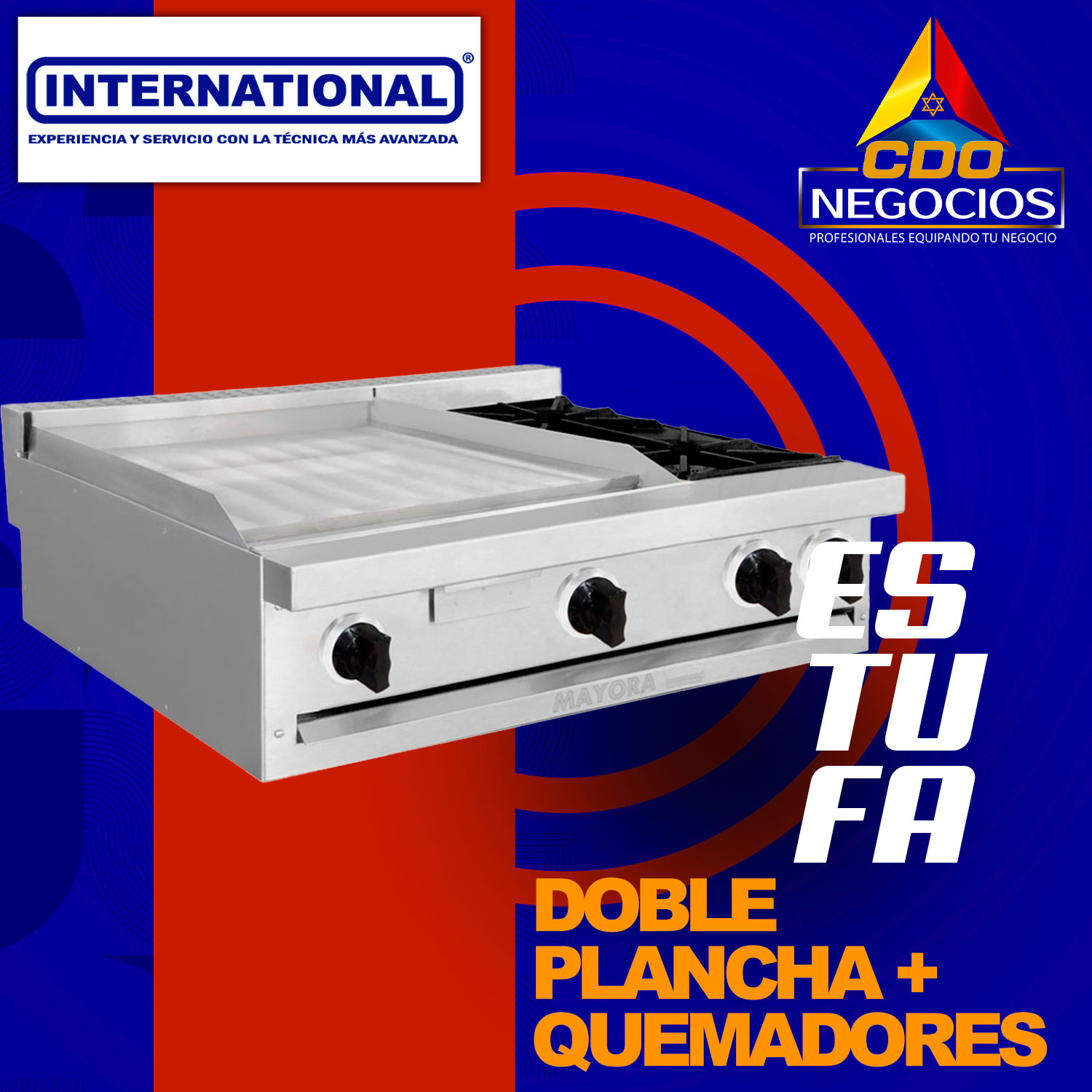 Estufa modular 2 secciones de plancha + 1 seccion de quemadores international - Mayora